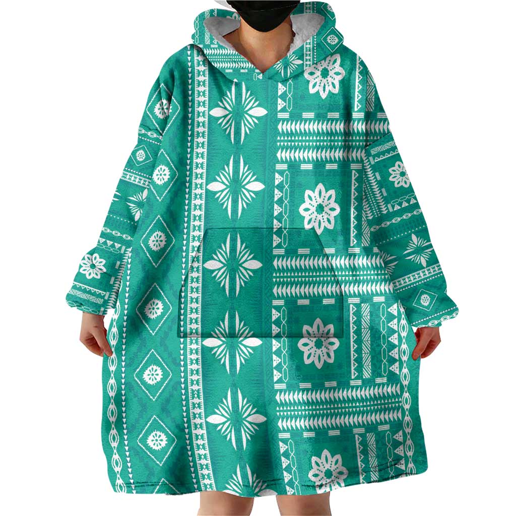 Fiji Masi All Teal Wearable Blanket Hoodie Tapa Pattern - Polynesian Pride