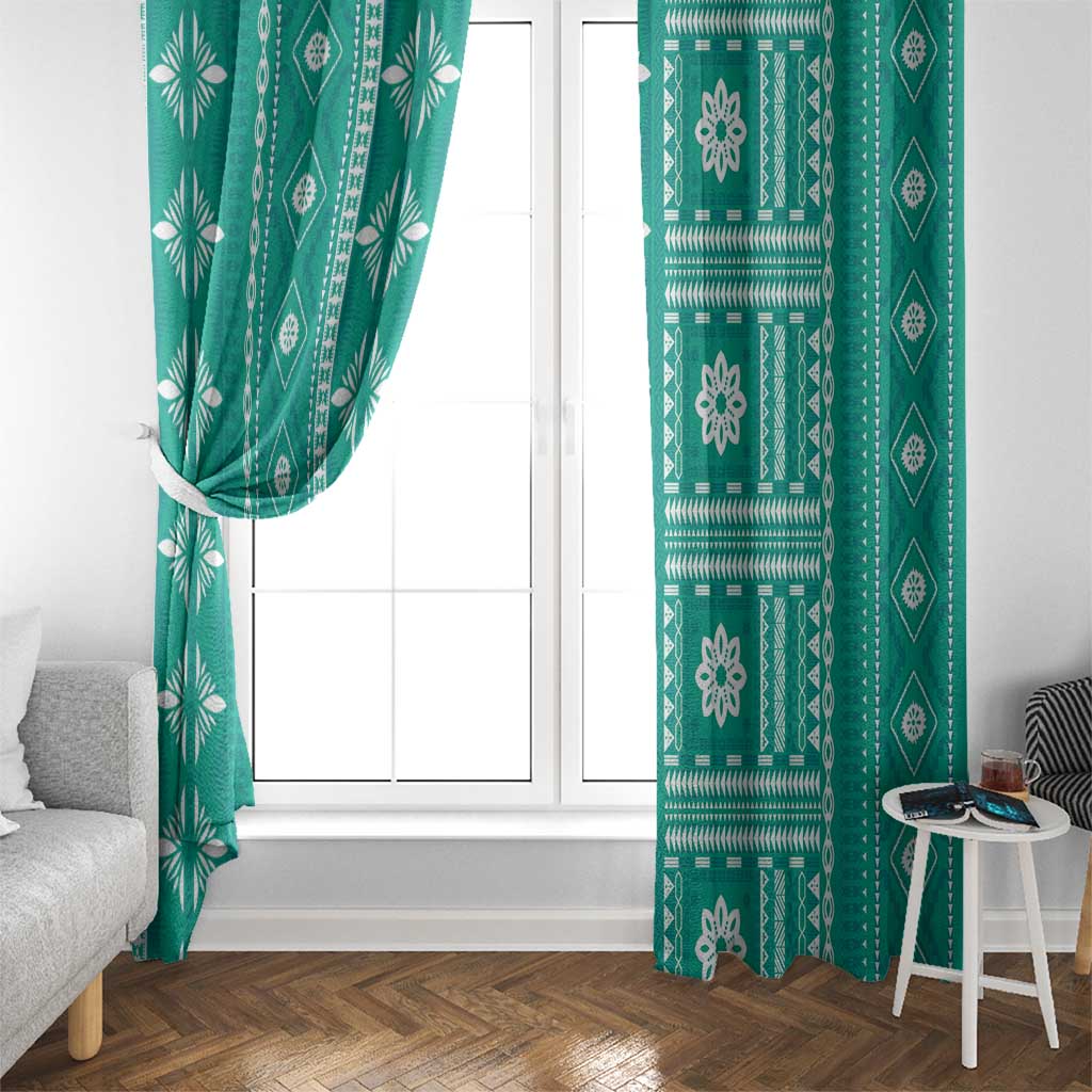 Fiji Masi All Teal Window Curtain Tapa Pattern - Polynesian Pride