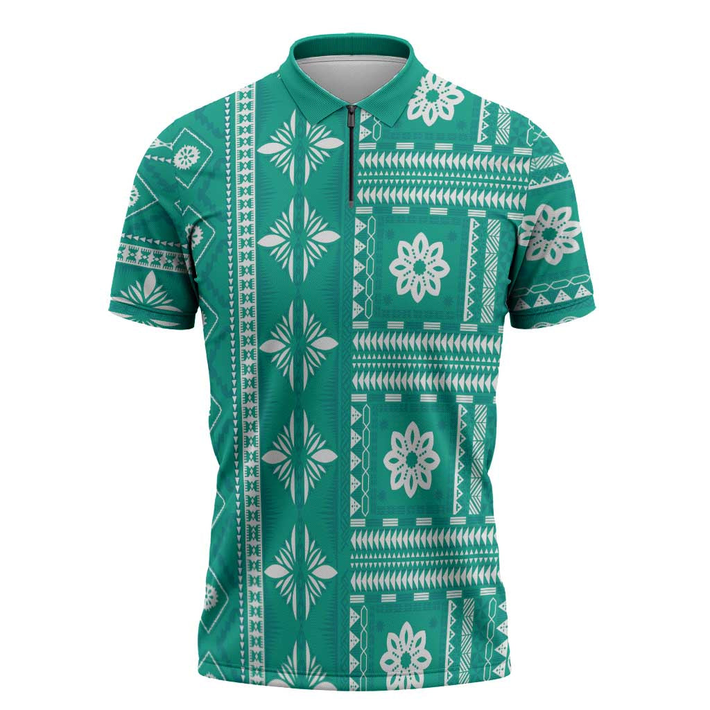 Fiji Masi All Teal Zipper Polo Shirt Tapa Pattern - Polynesian Pride