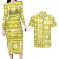 Fiji Masi All Yellow Couples Matching Long Sleeve Bodycon Dress and Hawaiian Shirt Tapa Pattern - Polynesian Pride