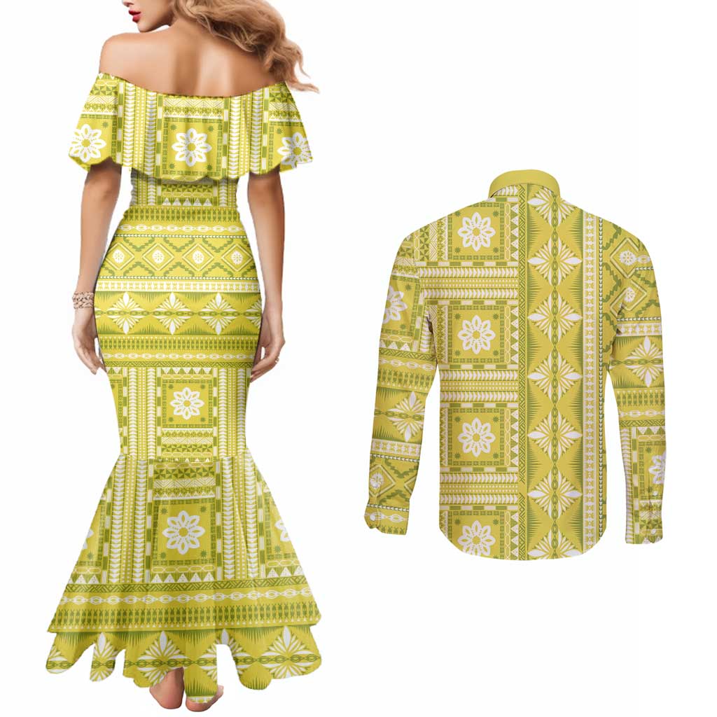 Fiji Masi All Yellow Couples Matching Mermaid Dress and Long Sleeve Button Shirt Tapa Pattern - Polynesian Pride