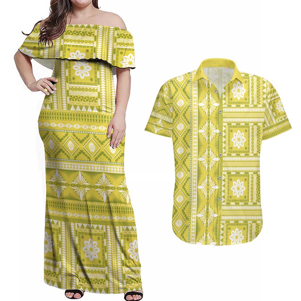 Fiji Masi All Yellow Couples Matching Off Shoulder Maxi Dress and Hawaiian Shirt Tapa Pattern - Polynesian Pride