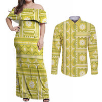 Fiji Masi All Yellow Couples Matching Off Shoulder Maxi Dress and Long Sleeve Button Shirt Tapa Pattern - Polynesian Pride