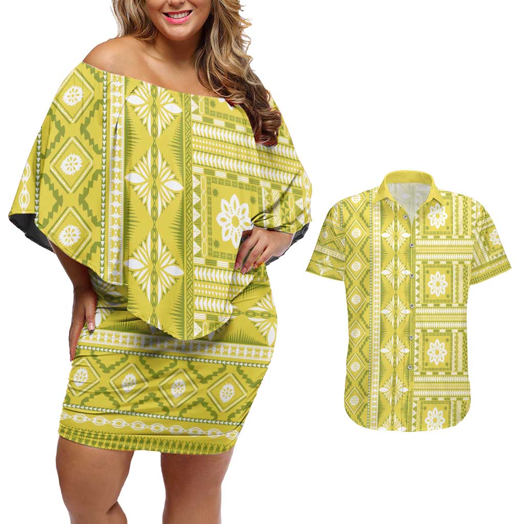 Fiji Masi All Yellow Couples Matching Off Shoulder Short Dress and Hawaiian Shirt Tapa Pattern - Polynesian Pride