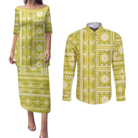 Fiji Masi All Yellow Couples Matching Puletasi and Long Sleeve Button Shirt Tapa Pattern - Polynesian Pride