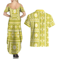 Fiji Masi All Yellow Couples Matching Summer Maxi Dress and Hawaiian Shirt Tapa Pattern - Polynesian Pride