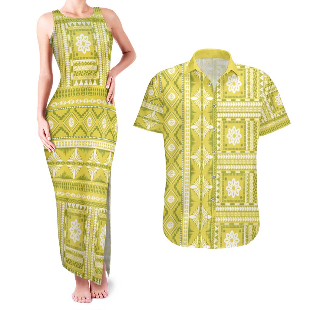 Fiji Masi All Yellow Couples Matching Tank Maxi Dress and Hawaiian Shirt Tapa Pattern - Polynesian Pride