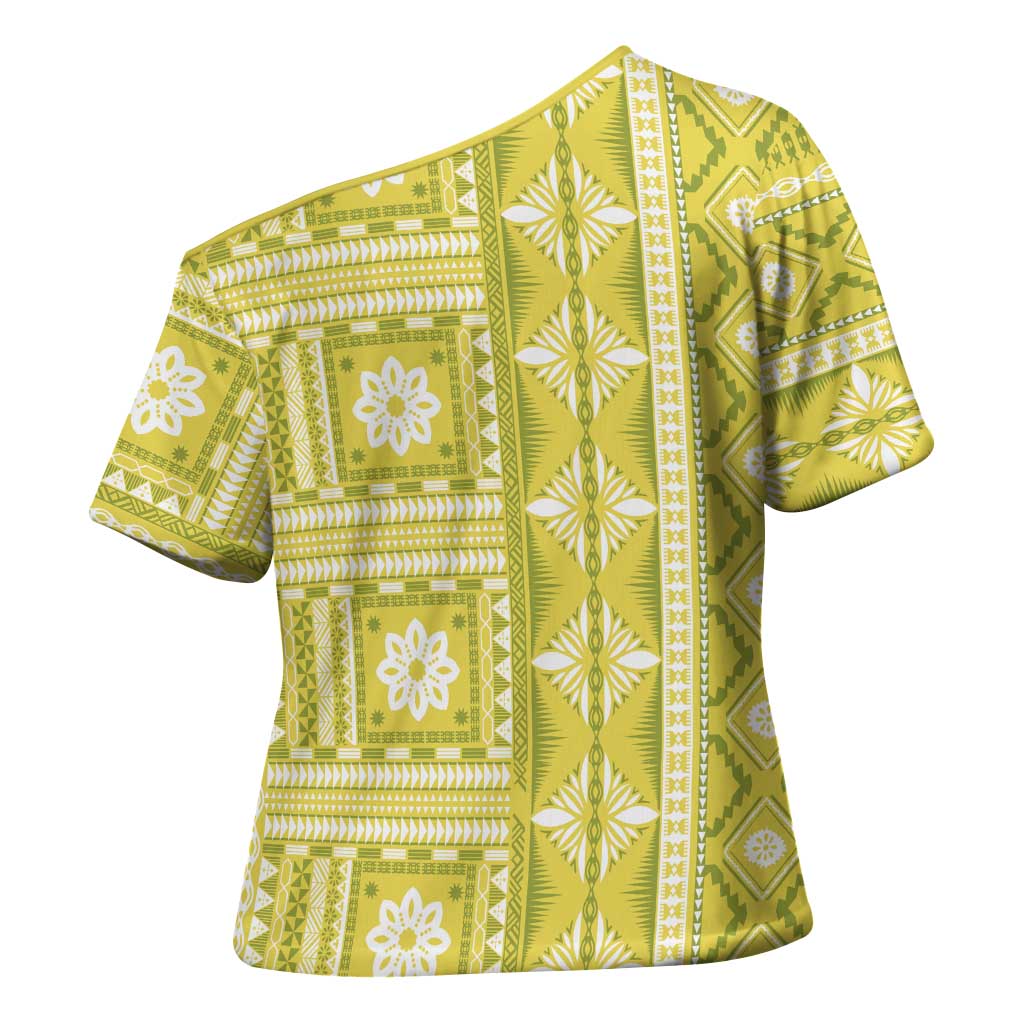 Fiji Masi All Yellow Cross Shoulder Shirt Tapa Pattern - Polynesian Pride