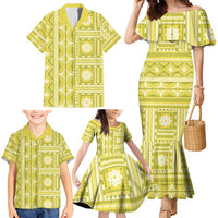 Fiji Masi All Yellow Family Matching Mermaid Dress and Hawaiian Shirt Tapa Pattern - Polynesian Pride