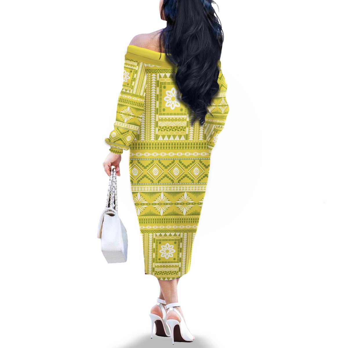 Fiji Masi All Yellow Family Matching Off The Shoulder Long Sleeve Dress and Hawaiian Shirt Tapa Pattern - Polynesian Pride