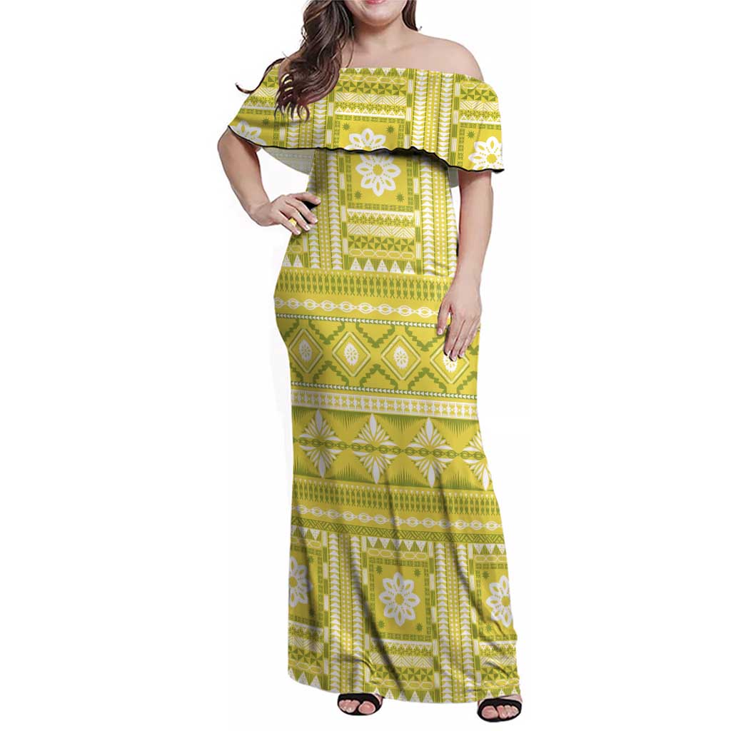 Fiji Masi All Yellow Family Matching Off Shoulder Maxi Dress and Hawaiian Shirt Tapa Pattern - Polynesian Pride
