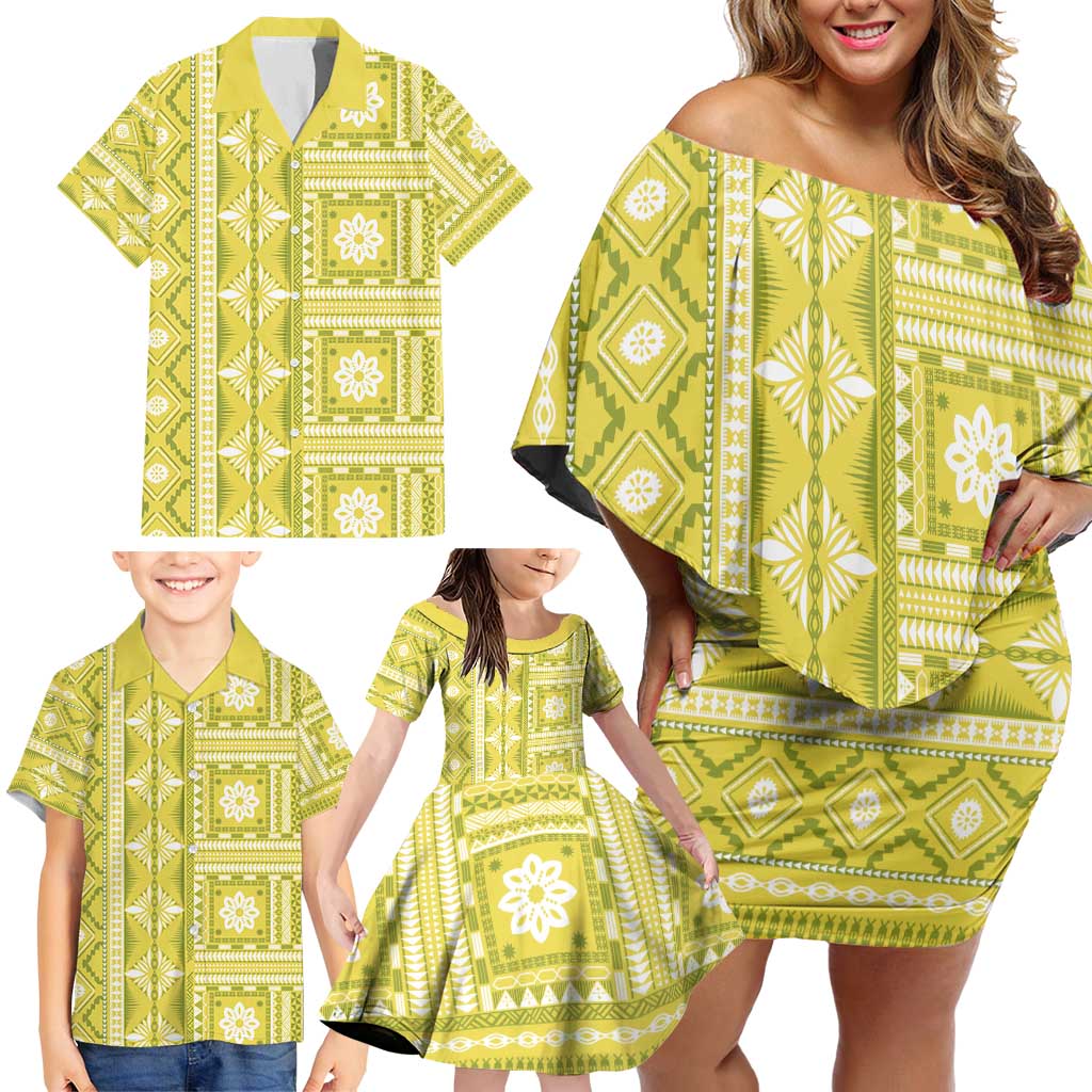 Fiji Masi All Yellow Family Matching Off Shoulder Short Dress and Hawaiian Shirt Tapa Pattern - Polynesian Pride