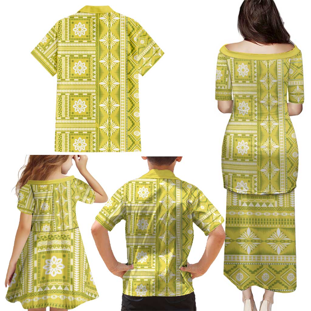 Fiji Masi All Yellow Family Matching Puletasi and Hawaiian Shirt Tapa Pattern - Polynesian Pride