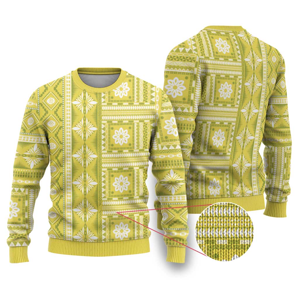 Fiji Masi All Yellow Ugly Christmas Sweater Tapa Pattern - Polynesian Pride