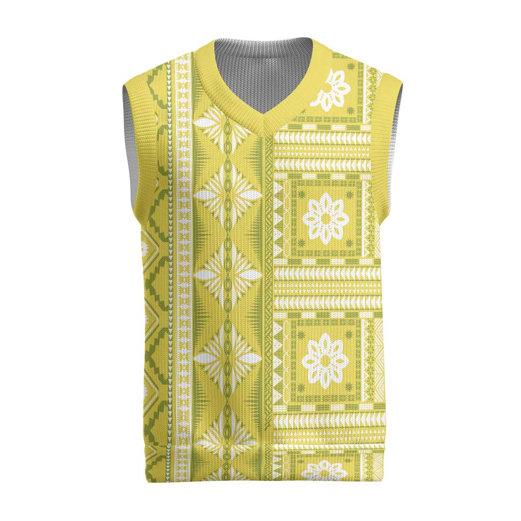 Fiji Masi All Yellow Christmas Knitted V-Neck Vest Tapa Pattern - Polynesian Pride