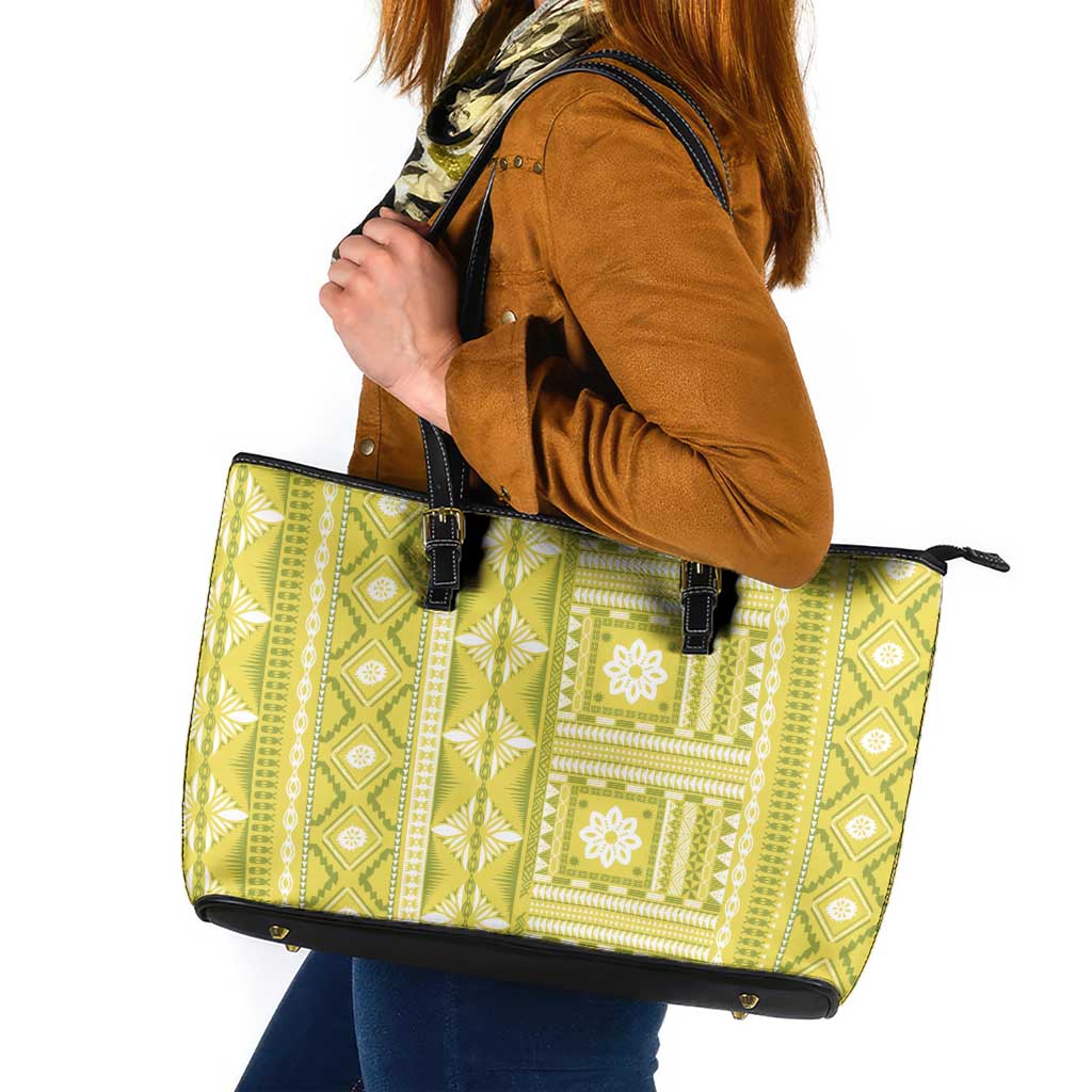 Fiji Masi All Yellow Leather Tote Bag Tapa Pattern - Polynesian Pride