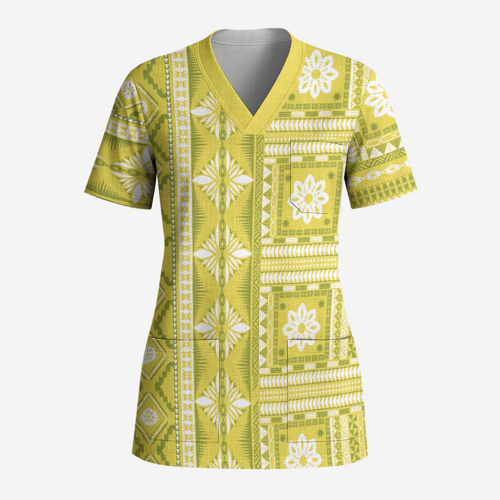 Fiji Masi All Yellow Scrub Top Tapa Pattern - Polynesian Pride