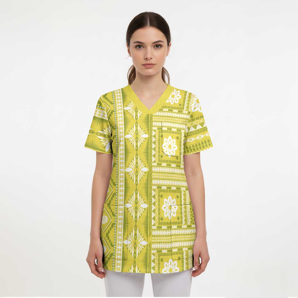 Fiji Masi All Yellow Scrub Top Tapa Pattern - Polynesian Pride