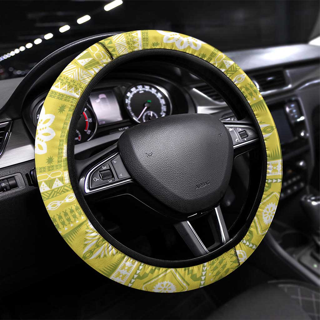 Fiji Masi All Yellow Steering Wheel Cover Tapa Pattern - Polynesian Pride