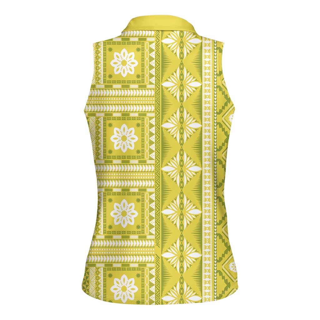 Fiji Masi All Yellow Women Sleeveless Polo Shirt Tapa Pattern - Polynesian Pride