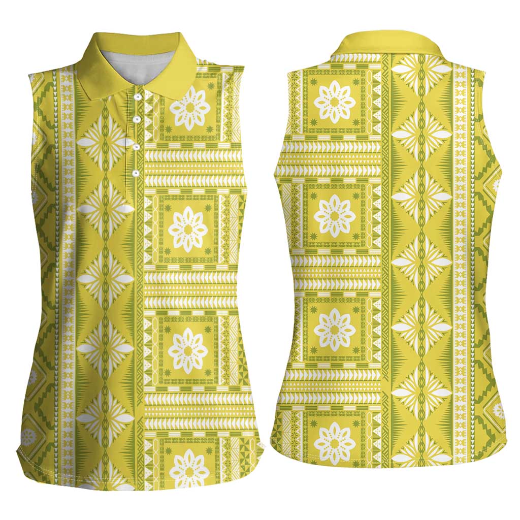 Fiji Masi All Yellow Women Sleeveless Polo Shirt Tapa Pattern - Polynesian Pride
