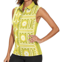 Fiji Masi All Yellow Women Sleeveless Polo Shirt Tapa Pattern - Polynesian Pride