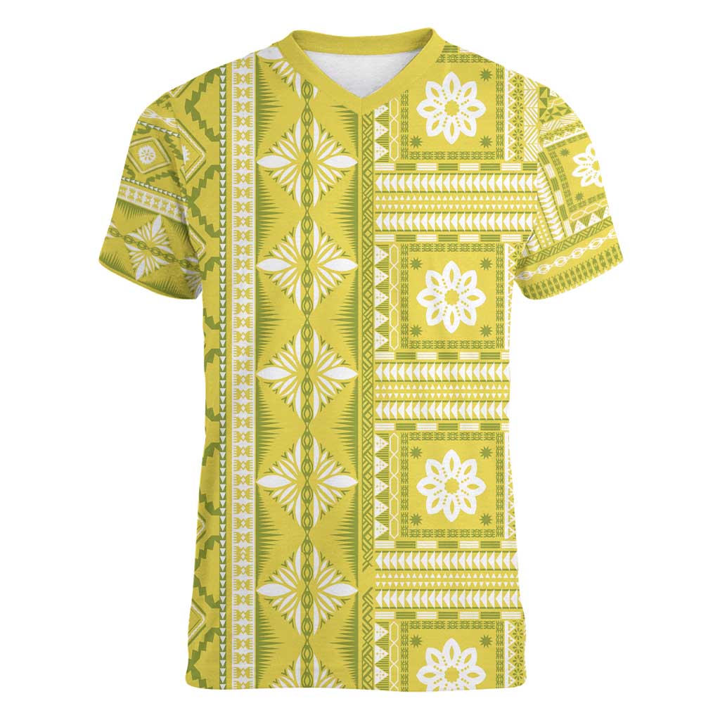 Fiji Masi All Yellow Women V-Neck T-Shirt Tapa Pattern - Polynesian Pride
