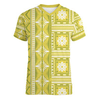 Fiji Masi All Yellow Women V-Neck T-Shirt Tapa Pattern - Polynesian Pride