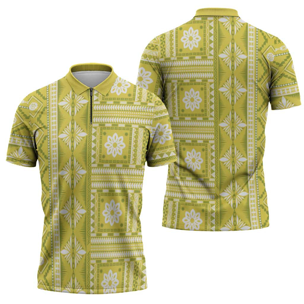 Fiji Masi All Yellow Zipper Polo Shirt Tapa Pattern - Polynesian Pride