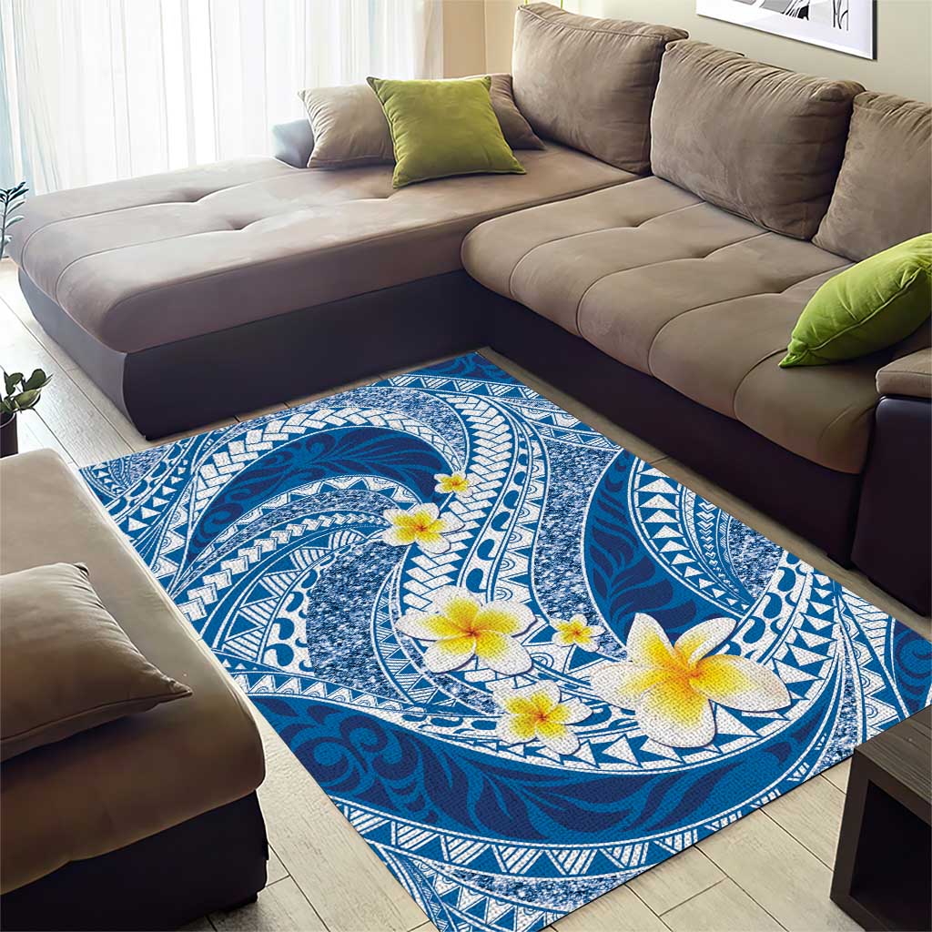 Plumeria Polynesian Blue Glitter Pattern Area Rug