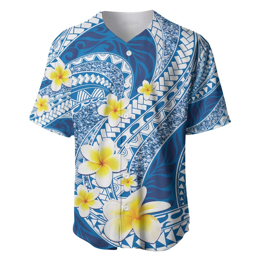 Plumeria Polynesian Blue Glitter Pattern Baseball Jersey