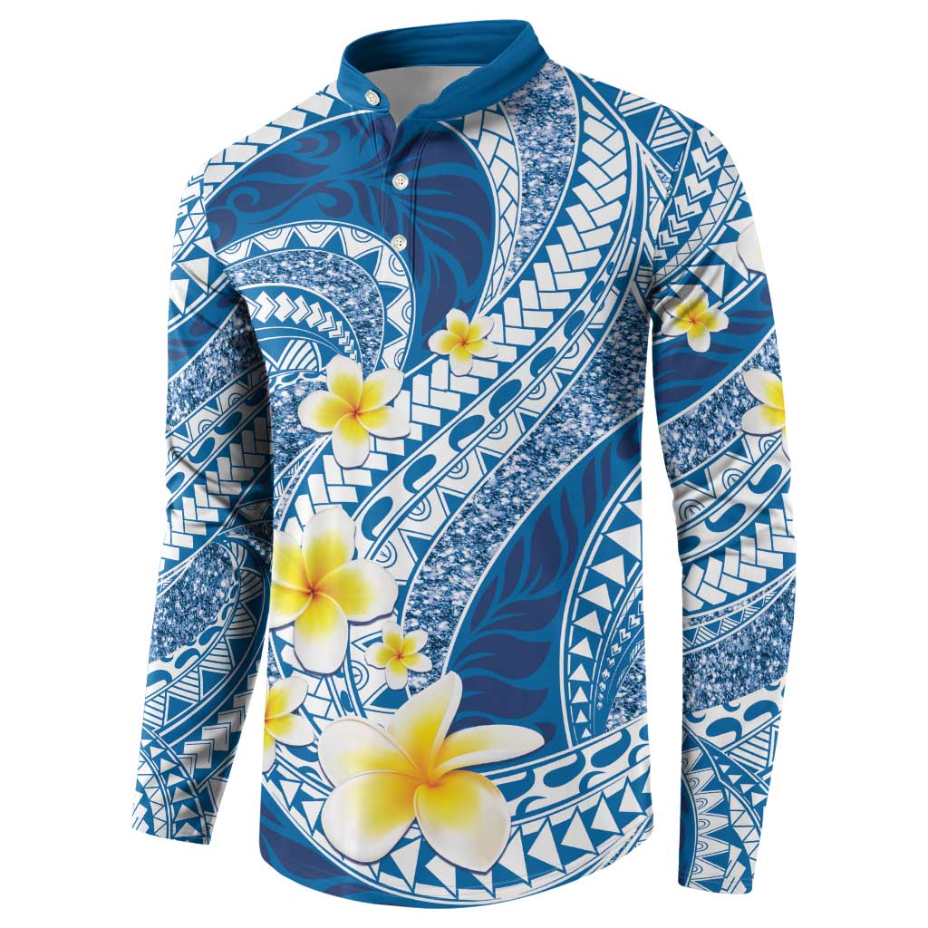Plumeria Polynesian Blue Glitter Pattern Button Sweatshirt LT01 - Polynesian Pride