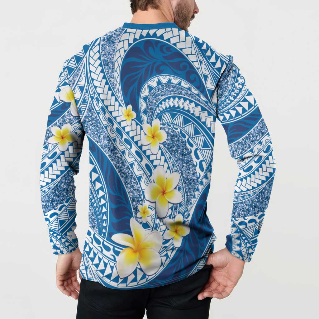 Plumeria Polynesian Blue Glitter Pattern Button Sweatshirt LT01 - Polynesian Pride