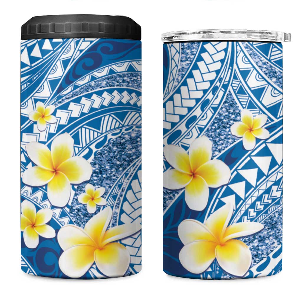 Plumeria Polynesian Blue Glitter Pattern 4 in 1 Can Cooler Tumbler LT01 One Size: 16 oz Blue - Polynesian Pride