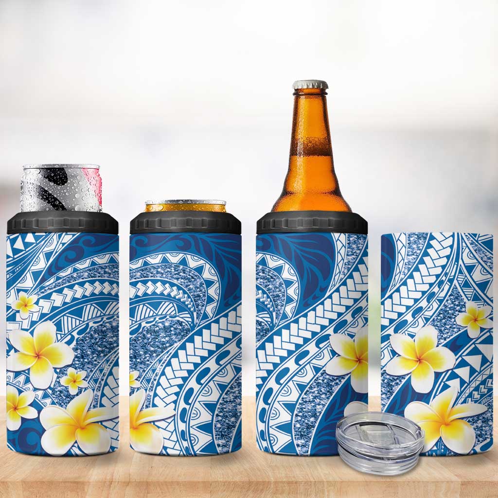 Plumeria Polynesian Blue Glitter Pattern 4 in 1 Can Cooler Tumbler LT01 - Polynesian Pride