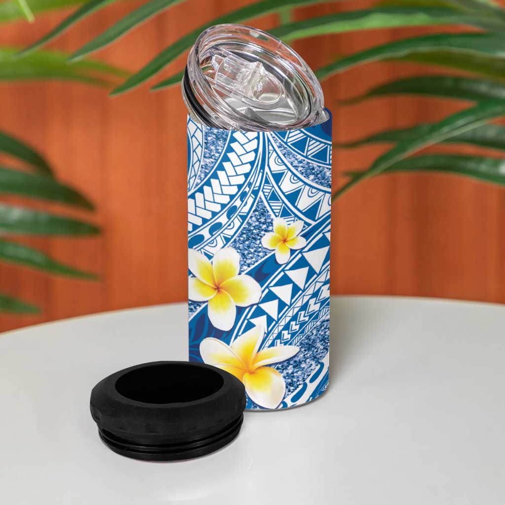 Plumeria Polynesian Blue Glitter Pattern 4 in 1 Can Cooler Tumbler LT01 - Polynesian Pride