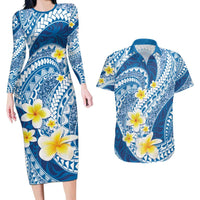 Plumeria Polynesian Blue Glitter Pattern Couples Matching Long Sleeve Bodycon Dress and Hawaiian Shirt LT01 Blue - Polynesian Pride