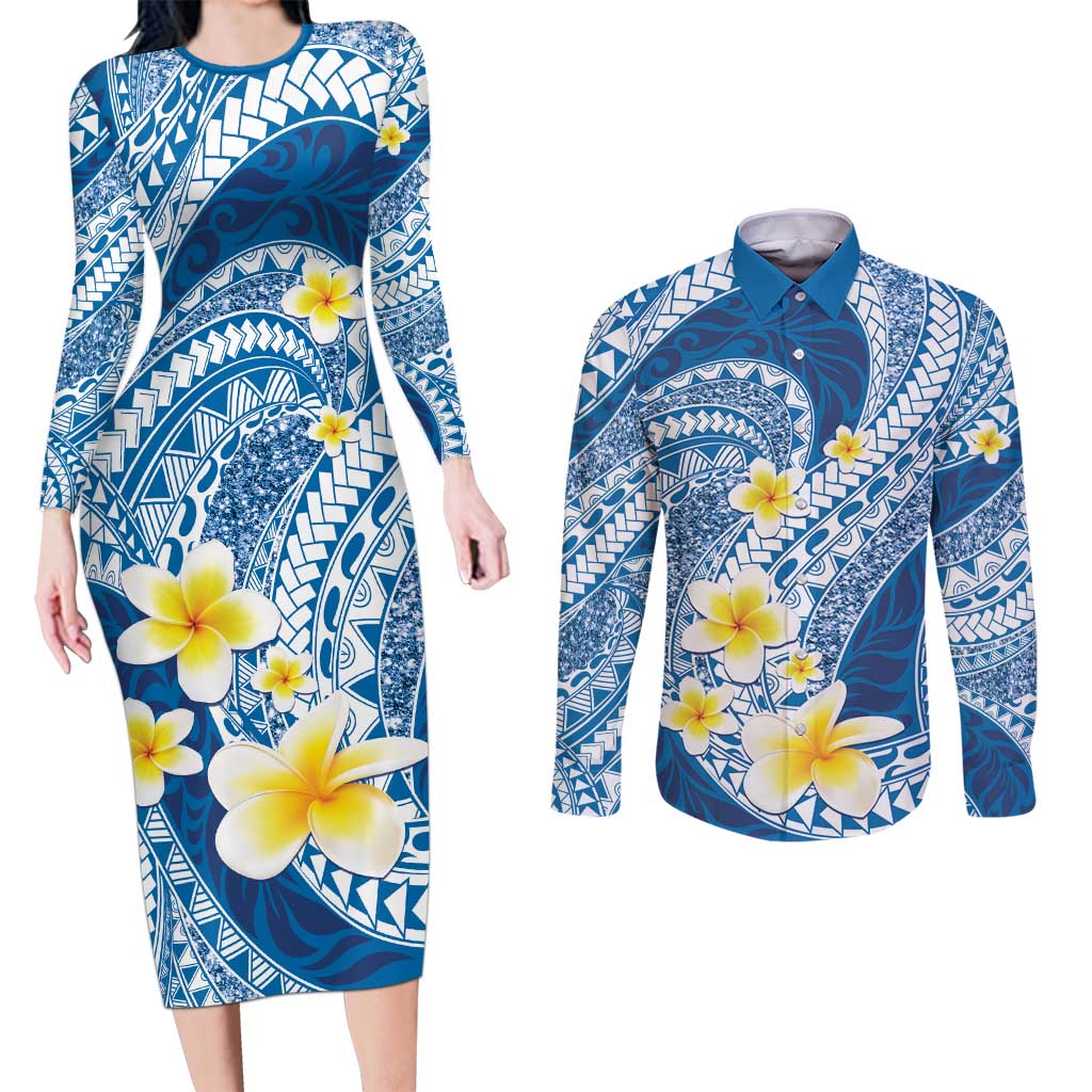 Plumeria Polynesian Blue Glitter Pattern Couples Matching Long Sleeve Bodycon Dress and Long Sleeve Button Shirt LT01 Blue - Polynesian Pride