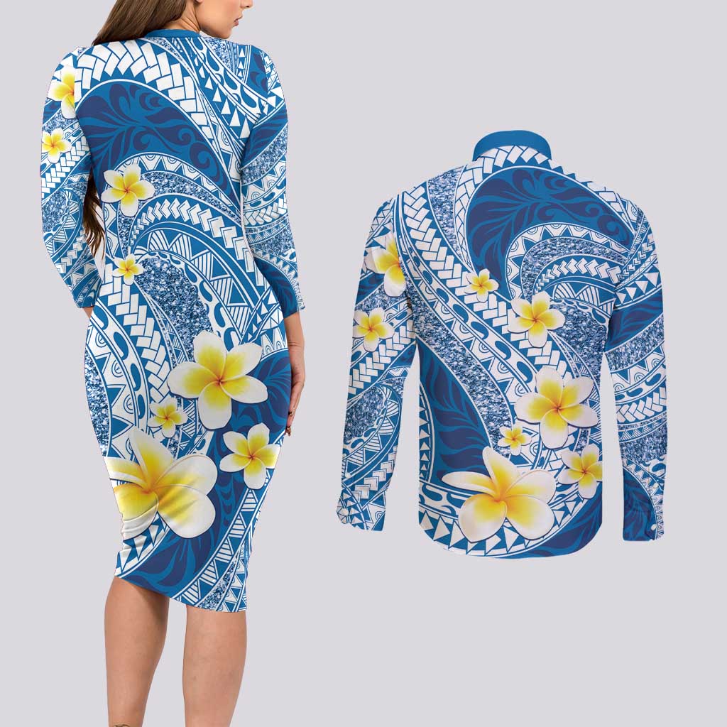 Plumeria Polynesian Blue Glitter Pattern Couples Matching Long Sleeve Bodycon Dress and Long Sleeve Button Shirt LT01 - Polynesian Pride