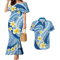Plumeria Polynesian Blue Glitter Pattern Couples Matching Mermaid Dress and Hawaiian Shirt LT01 Blue - Polynesian Pride