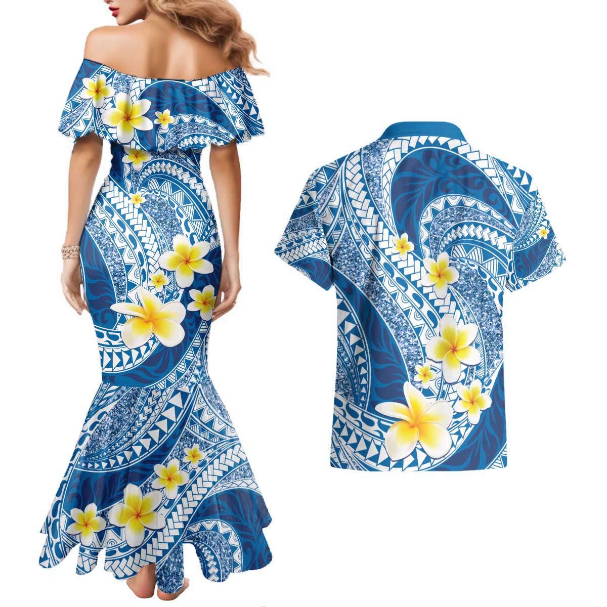 Plumeria Polynesian Blue Glitter Pattern Couples Matching Mermaid Dress and Hawaiian Shirt LT01 - Polynesian Pride
