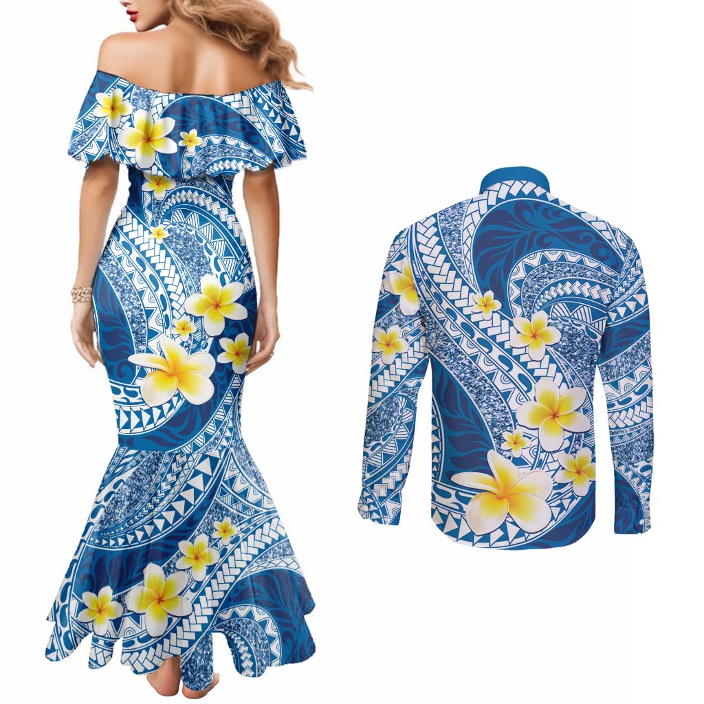 Plumeria Polynesian Blue Glitter Pattern Couples Matching Mermaid Dress and Long Sleeve Button Shirt