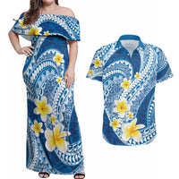 Plumeria Polynesian Blue Glitter Pattern Couples Matching Off Shoulder Maxi Dress and Hawaiian Shirt LT01 Blue - Polynesian Pride