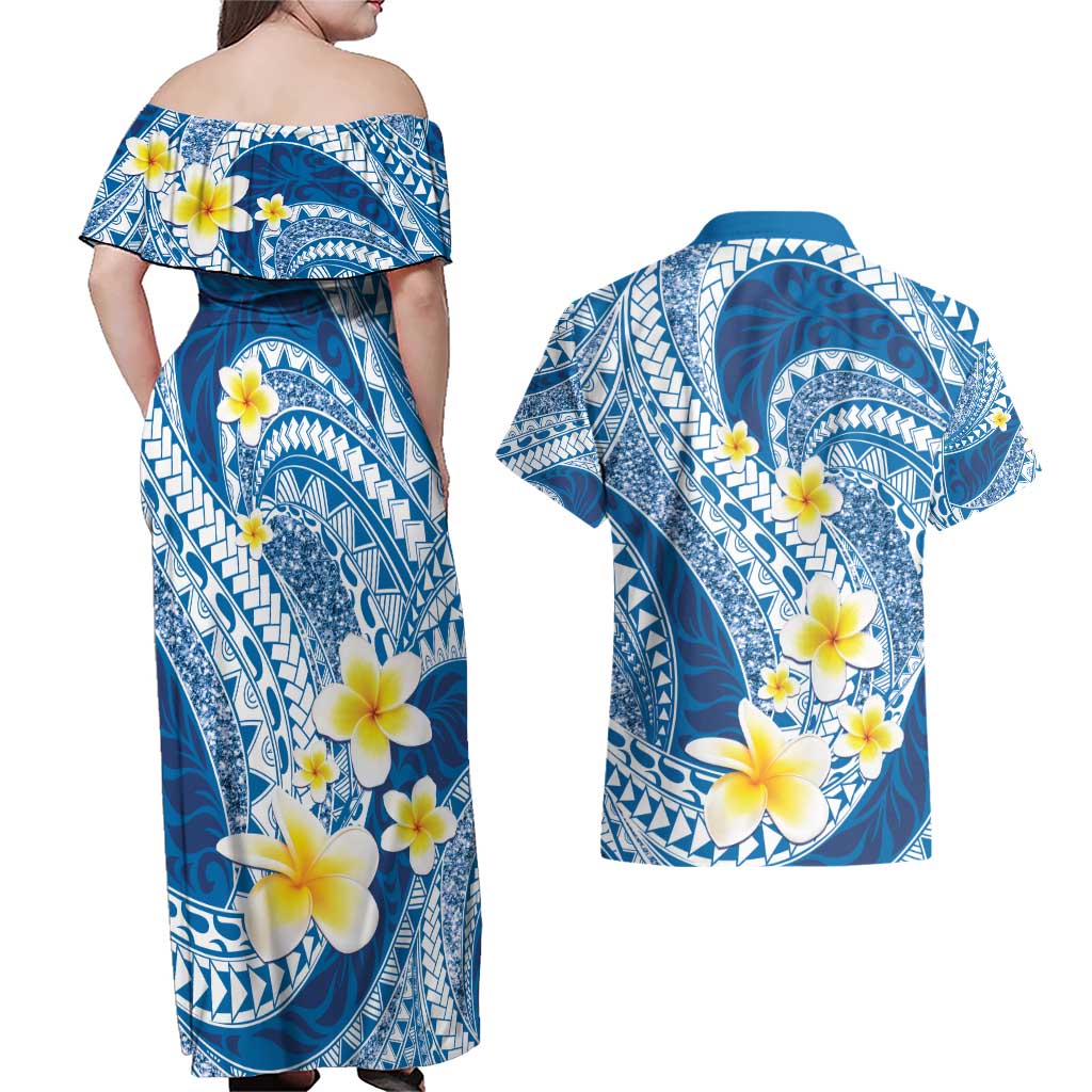 Plumeria Polynesian Blue Glitter Pattern Couples Matching Off Shoulder Maxi Dress and Hawaiian Shirt LT01 - Polynesian Pride
