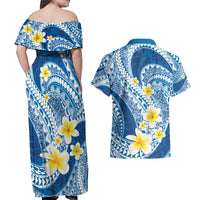 Plumeria Polynesian Blue Glitter Pattern Couples Matching Off Shoulder Maxi Dress and Hawaiian Shirt LT01 - Polynesian Pride