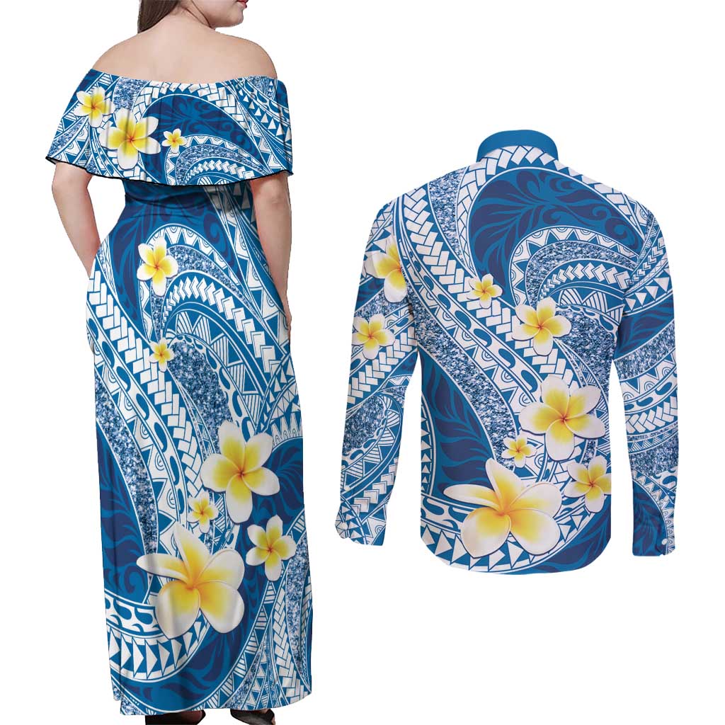 Plumeria Polynesian Blue Glitter Pattern Couples Matching Off Shoulder Maxi Dress and Long Sleeve Button Shirt