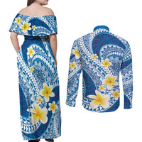 Plumeria Polynesian Blue Glitter Pattern Couples Matching Off Shoulder Maxi Dress and Long Sleeve Button Shirt