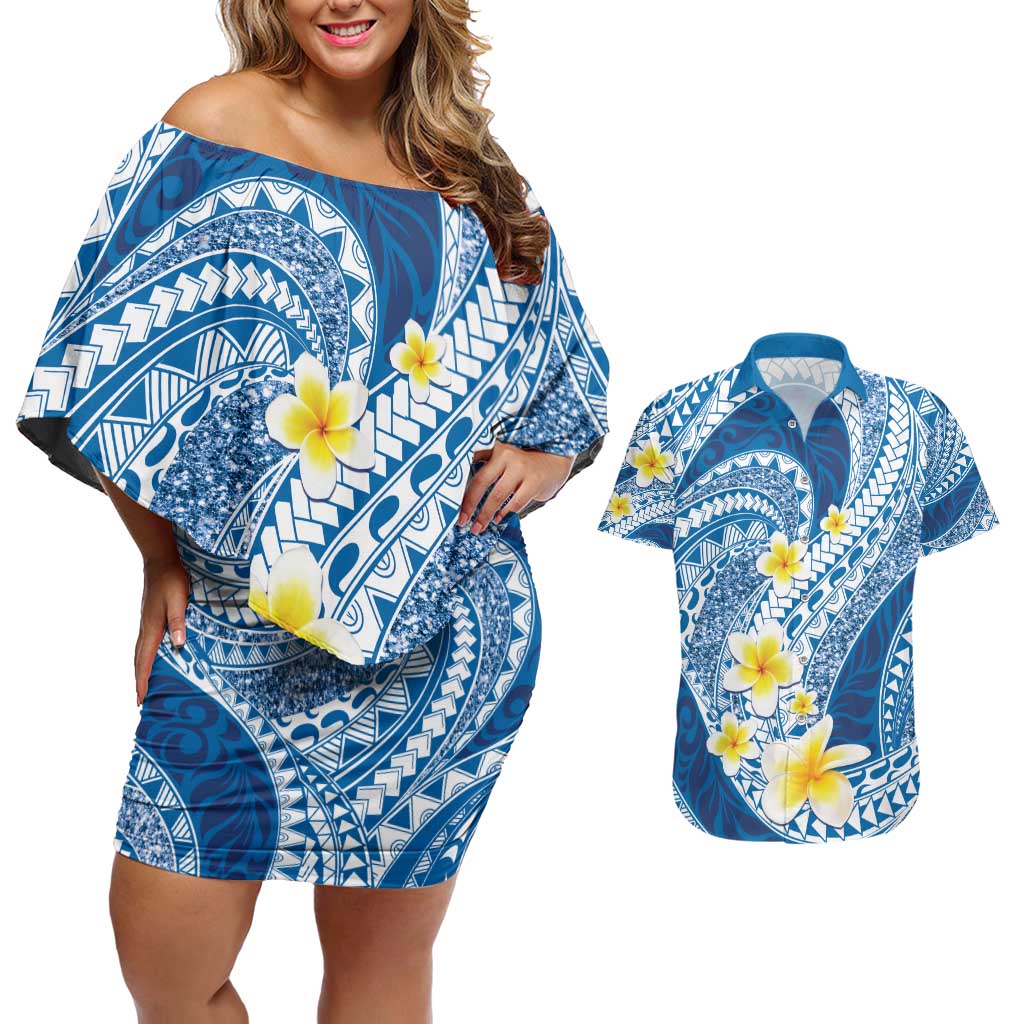 Plumeria Polynesian Blue Glitter Pattern Couples Matching Off Shoulder Short Dress and Hawaiian Shirt LT01 Blue - Polynesian Pride