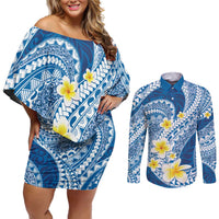 Plumeria Polynesian Blue Glitter Pattern Couples Matching Off Shoulder Short Dress and Long Sleeve Button Shirt LT01 Blue - Polynesian Pride