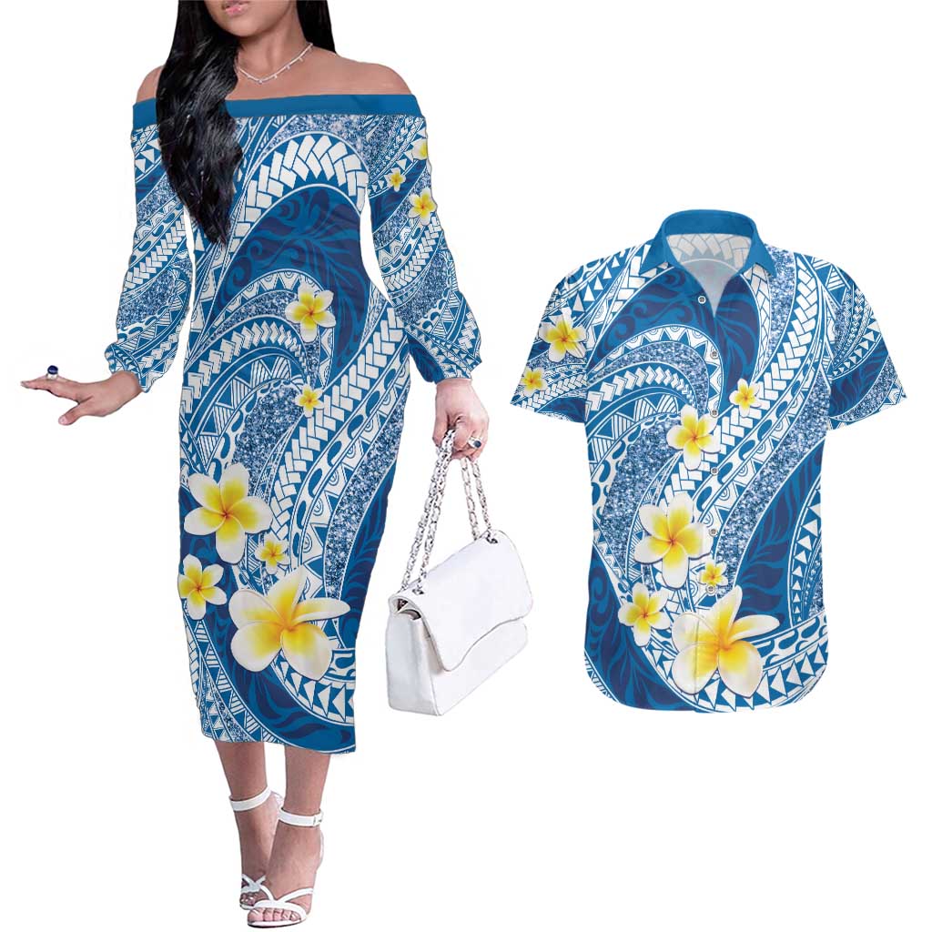 Plumeria Polynesian Blue Glitter Pattern Couples Matching Off The Shoulder Long Sleeve Dress and Hawaiian Shirt LT01 Blue - Polynesian Pride